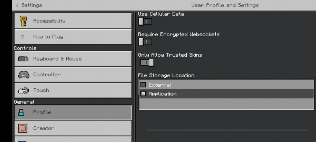 Minecraft PE settings for the File Storage Location where Minecraft will store worlds.